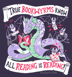 A wyrm and bats reading various types of books, including a comic and an audiobook. The text on the banner reads, "True Bookwyrms know all reading is reading!"