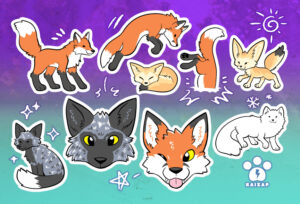 A sticker sheet featuring various cute and silly red foxes, fennec foxes, an arctic fox, and silver foxes.