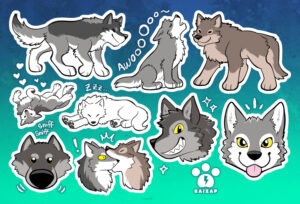 A sticker sheet featuring various cute and silly gray wolves. And one white wolf.